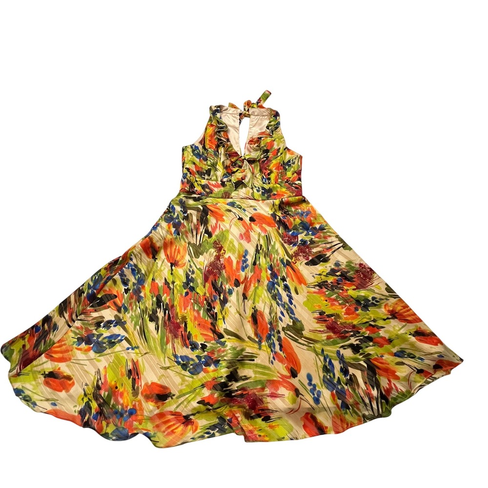 Donna Ricco Floral Midi Dress Womens 10 Yellow Abstract Ruffle Garden Artsy Chic - Picture 7 of 13